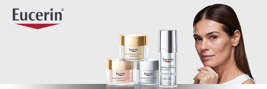 Banner för Eucerin Hyaluron-Filler Elasticity-serien med hudvårdsprodukter och modell som representerar mogen hudvård, inkluderande dagkräm, nattkräm och serum.