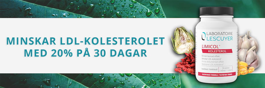 Banner med Limicol och texten "Minskar LDL-kolesterolet med 20% på 30 dagar".
