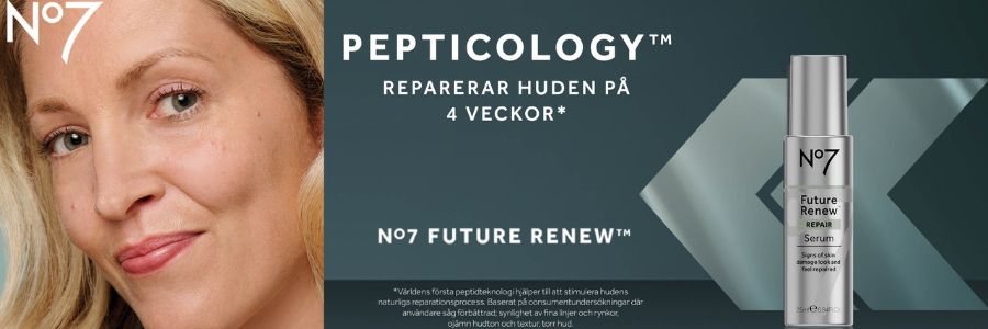 Kvinnas ansikte och future renew serum med texten "pepticology - reparerar huden på 4 veckor".