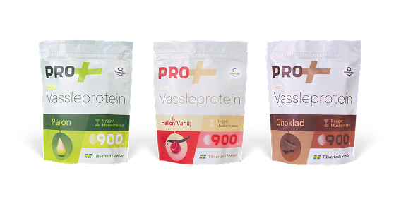 Tre påsar PRO+ vassleprotein: päron, hallon/vanilj och choklad.