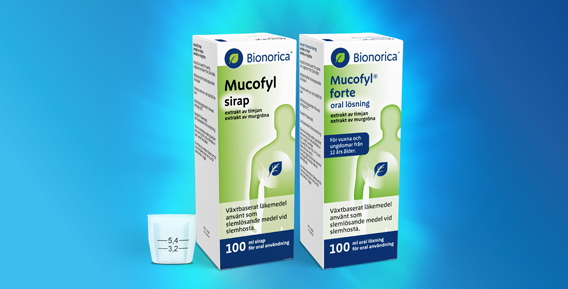 Mucofyl sirap och Mucofyl forte oral lösning med förpackningar.