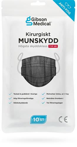 Gibson Medical Kirurgiskt munskydd typ IIR - öronband, anti-fog svart, 10 st